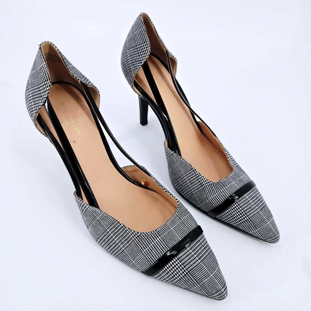 Ann Taylor Factory Plaid Pointed Toe D'Orsay Pumps Black White Size 9M - Picture 2 of 7